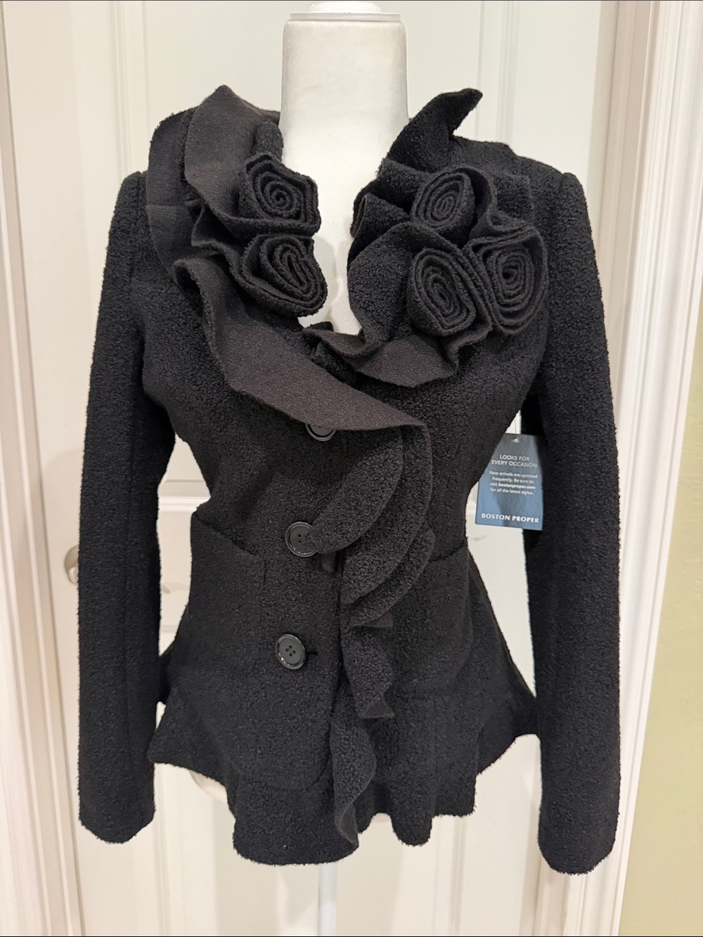 Boston Proper Black Ruffle Rose-Accent Blazer